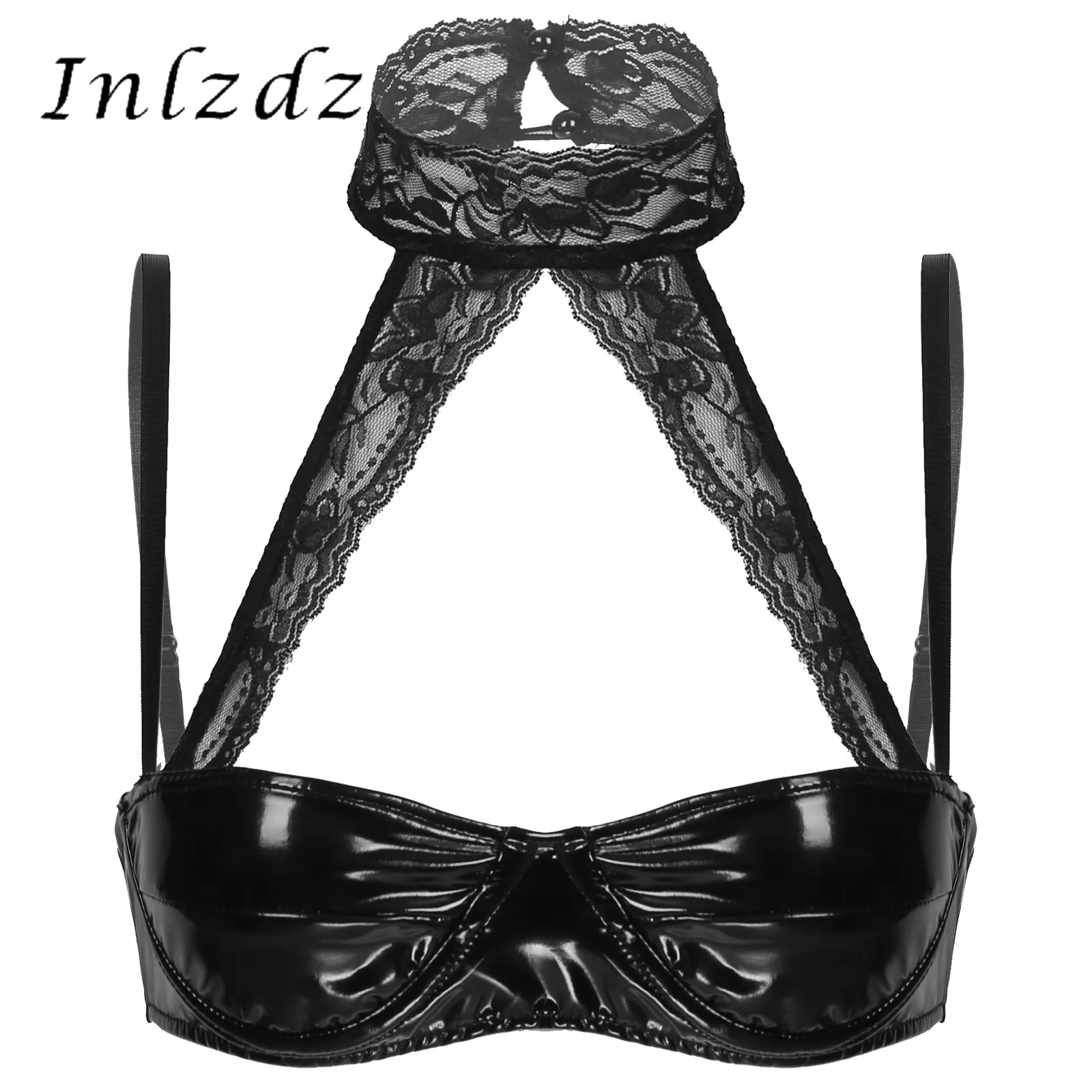 

Womens Erotic Lingerie Underwired Bras Lace Halter Neck Patent Leather Bra Tops Adjustable Spaghetti Strap Brassiere Clubwear