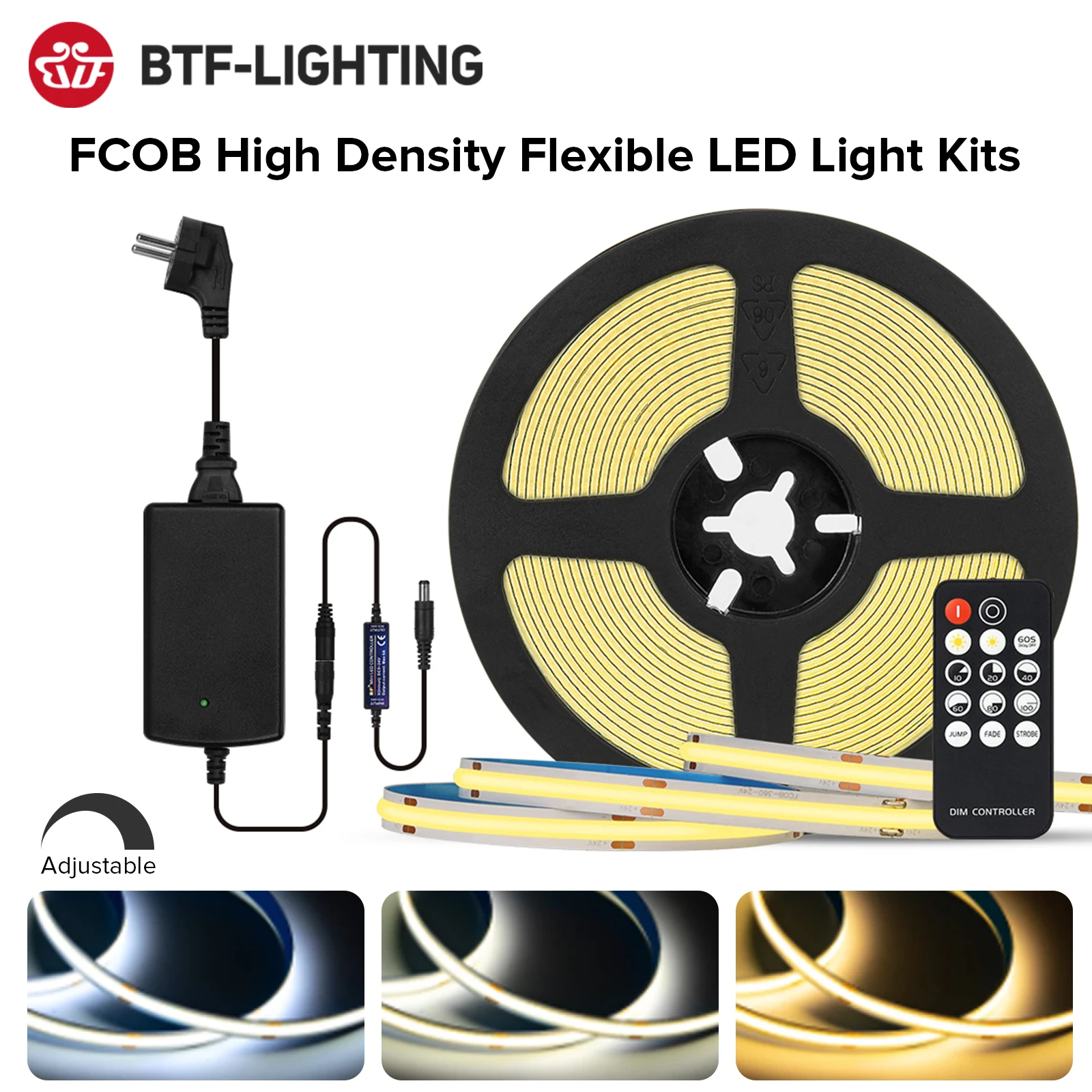 

FCOB Led Lights for Bedroom RF14 Keys Dimmable Full Set High Density Room FOB COB Led Light Strips Warm Nature Cool White DC24V