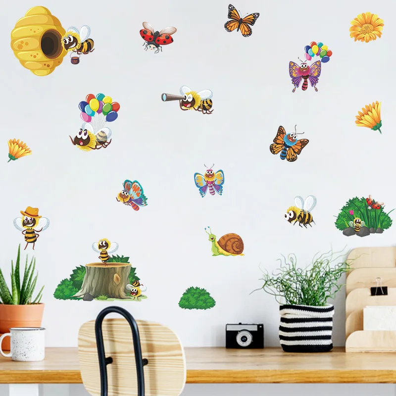

Bee Honey Flower Wallpaper Children's Room Entrance Wall Beautification Decorative Wall Stickers Self-Adhesive