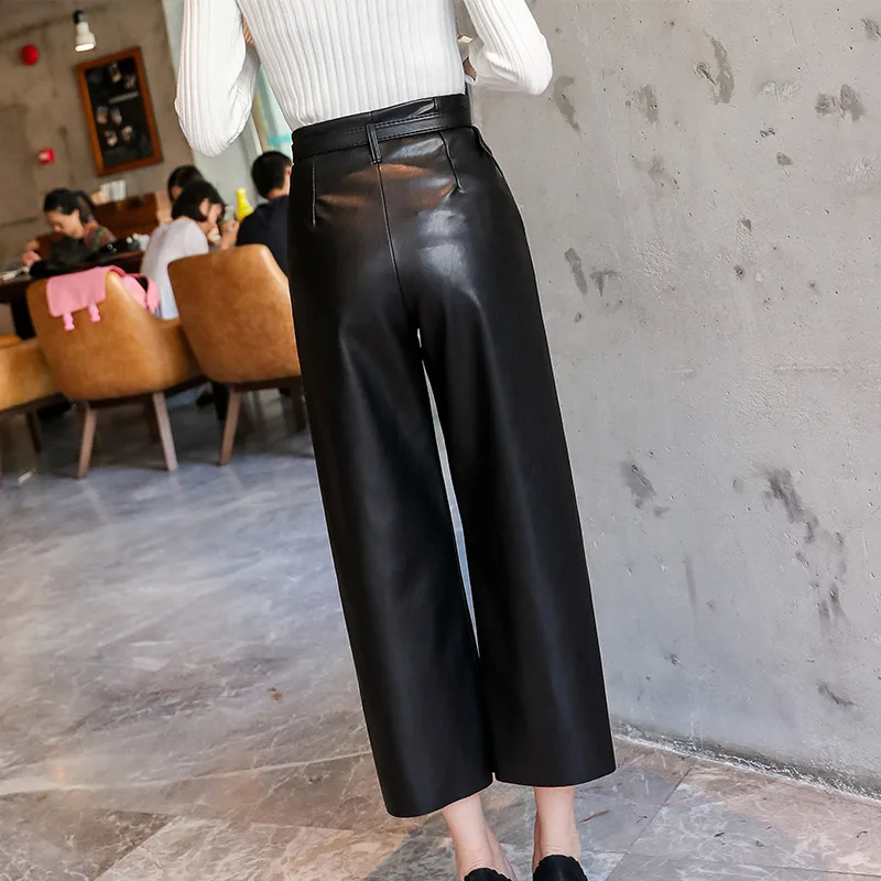 Autumn Faux PU Leather Pants Women With Belt High Waisted Wide Leg Anke-length Women's Trousers Winter NEW Fashion Clothes