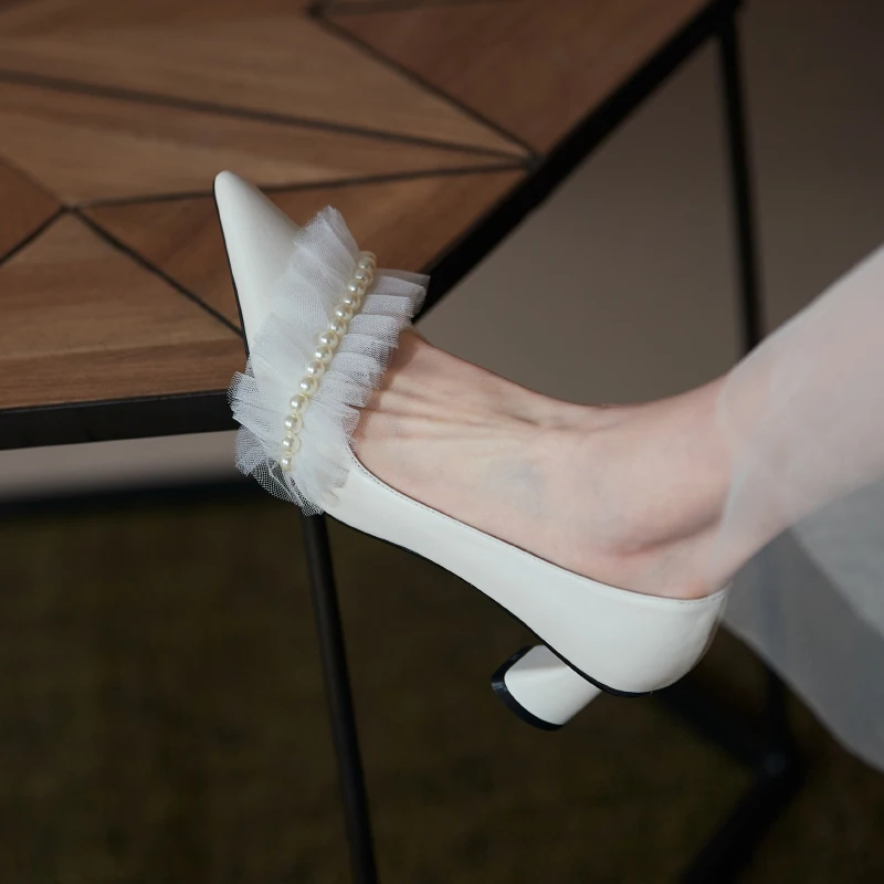 

Phenkang Women Pumps Calfskin Genuine Leather Shallow Pointed Toe Crystal High Heel Office Lady Dress Wedding Party Single Shoes