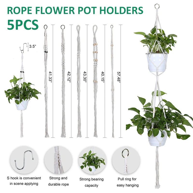 

5PCS Rope Flower Pot Holders Garden Plant Hanger Macrame Hanging Planter Basket Rope Flower Pot Holder Decors