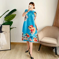 vintage dress summer women 2021 new stand collar short sleeved printed a line stretch loose miyake pleated dresses plus size