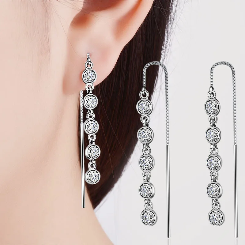 

Newest Fresh Long Drop Earrings Five-Section Round Beads Zircon Connected Box Chain Ear Line Charming Dangle Piercing Earrings