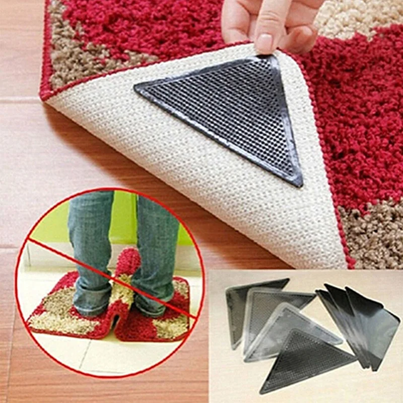 

4Pcs Anti Skid Rug Carpet Mat Non Slip Grip Small Corners Triangular Pad Washable Removable Strong Adhesive Stopper Tape Sticker