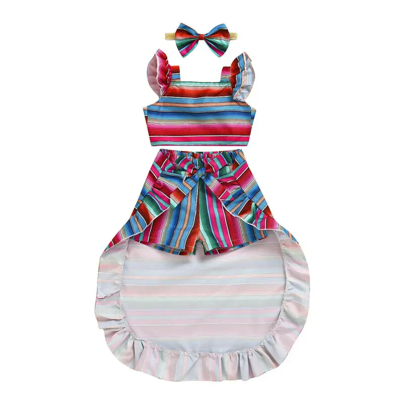 

4pcs Girls Clothing Sets Summer Children Clothes Colorful Striped Vest Tops+ Bow Headband+Skirts+Short Pants Kids Clothes Sets
