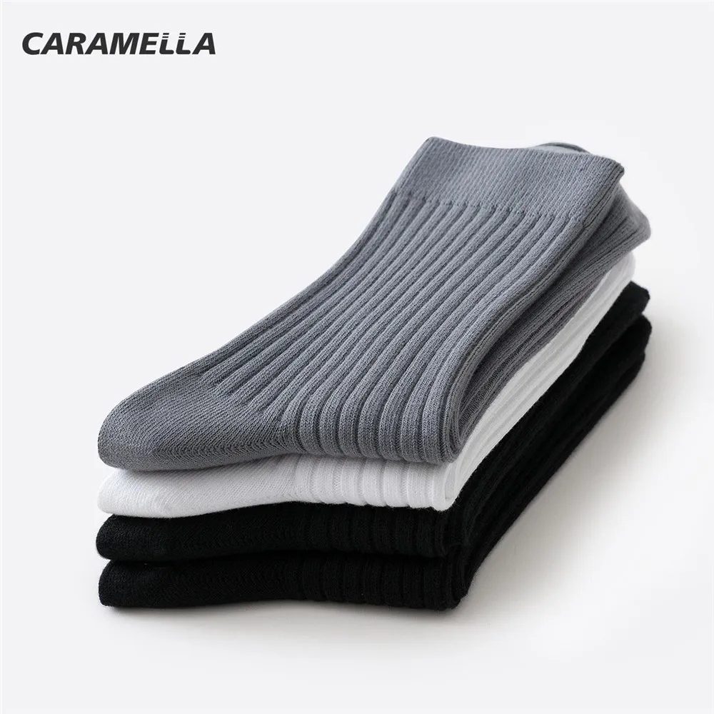 100% Cotton Caramella 4 Pairs/Lot Socks for Men Solid Color Pure Cotton Socks for Business Men Comfortable Stripe Pattern Socks