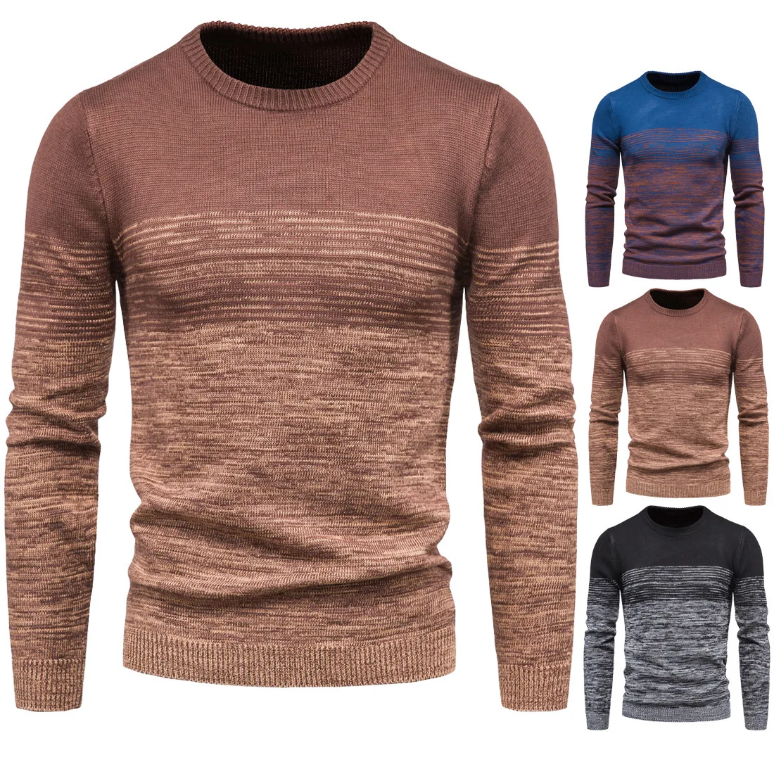 

New Men Round Neck Gradient Color Sweater Fashion Male Cotton Long Sleeve Autumn Winter Warm Pullovers