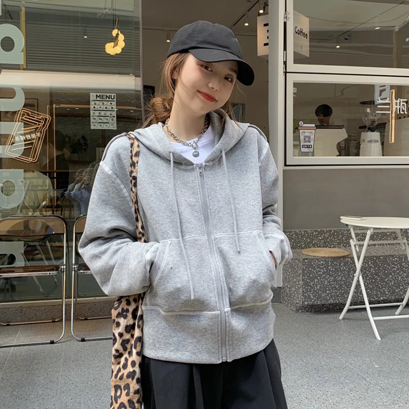 

New women's hoodie solid color casual sports students Korean loose hooded zipper open lining men's and women's spring autumn