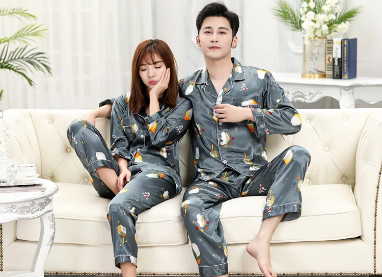 

Couple's Pajamas Women's Long-Sleeved Thin Ice Silk Sexy Two Piece Suit Men's Summer Leisure Set pajamas couple sleepwear