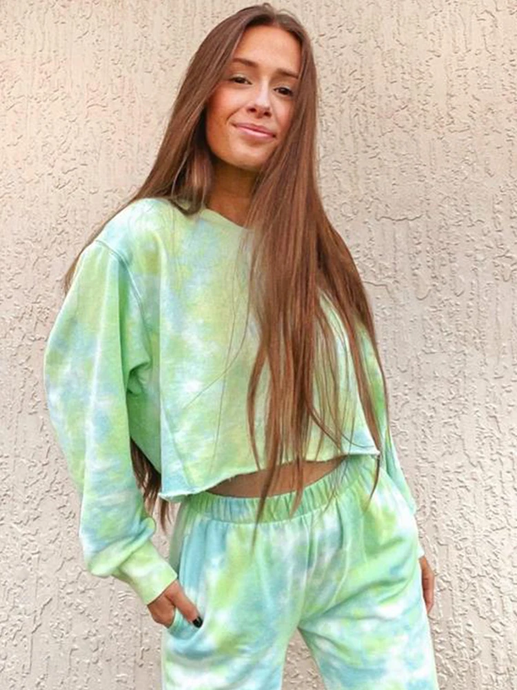 

Casual Tie Dye Tracksuit Pijama Homewear Two Piece Set Loungewear Sweatshirts Suit Loose Outfits 2021 Spring Woman Clothes