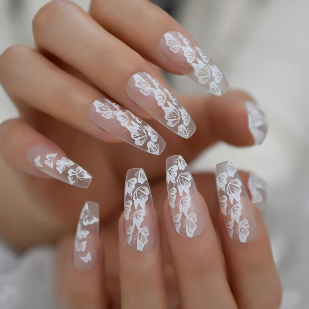 24pc Butterfly French Ballerina Coffin False Fake Nails Extra Long Press on Party Finger Wear Nail Tips 1 Sheet Jelly Sticker | Красота и