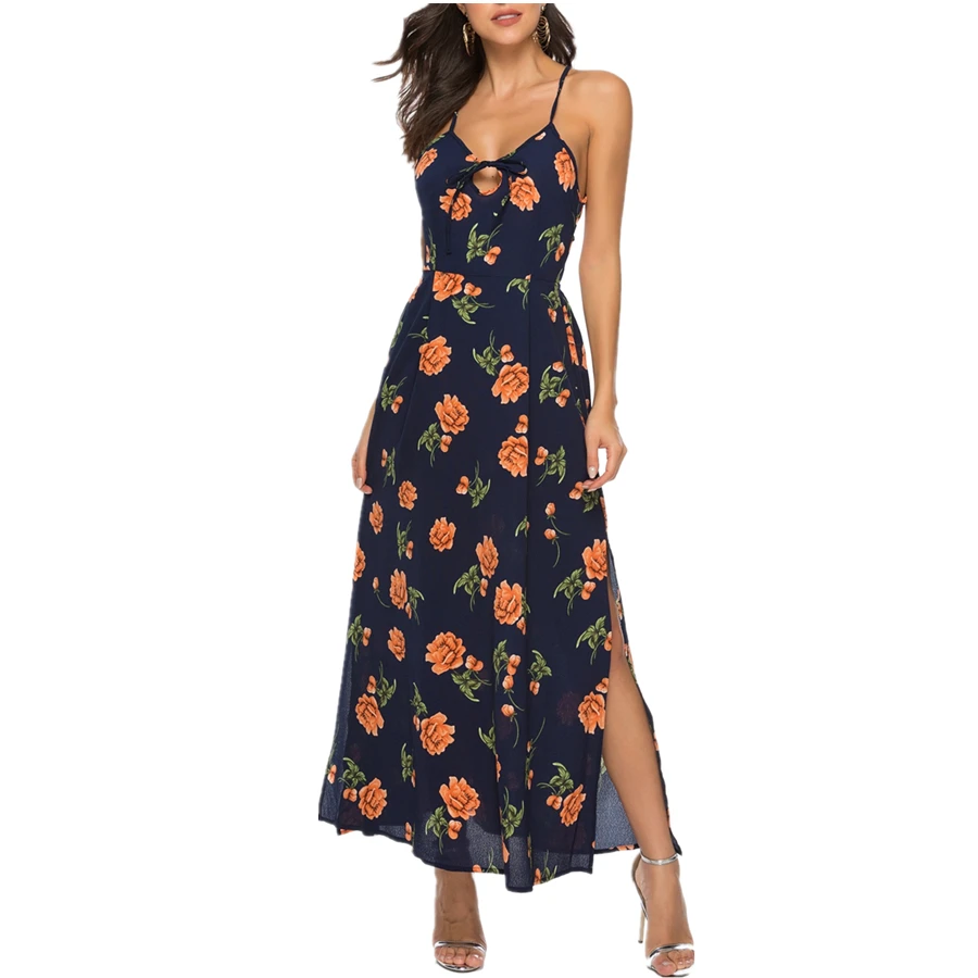 Женское летнее длинное платье с V образным вырезом и открытой спиной|Женские