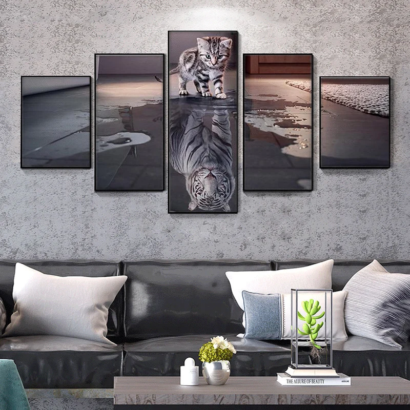 

5pcs Painting Wall Nordic Art Animal Cat Tiger Modular Picture Poster Living Room Bedroom Home Decoration HD Printing Frameless