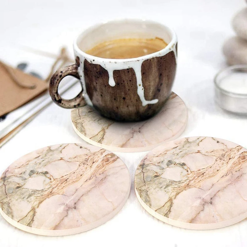 Paquete de 12 posavasos con patr&oacute;n de m&aacute;rmol, juego de posavasos de piedra redonda con piedra de cer&aacute;mica y Base de corcho para tipos de tazas-2