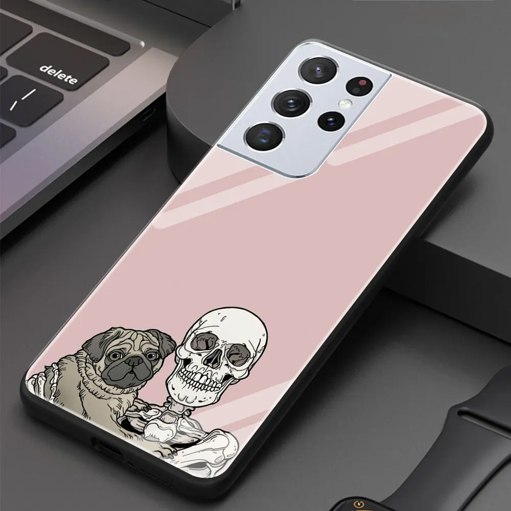 

Cute Cat Dog And Skeleton Funny Skull Tempered Glass Phone Case For Samsung Galaxy S21 Ultra S20 FE 5G S10 Plus S9 S8 S10e Cover