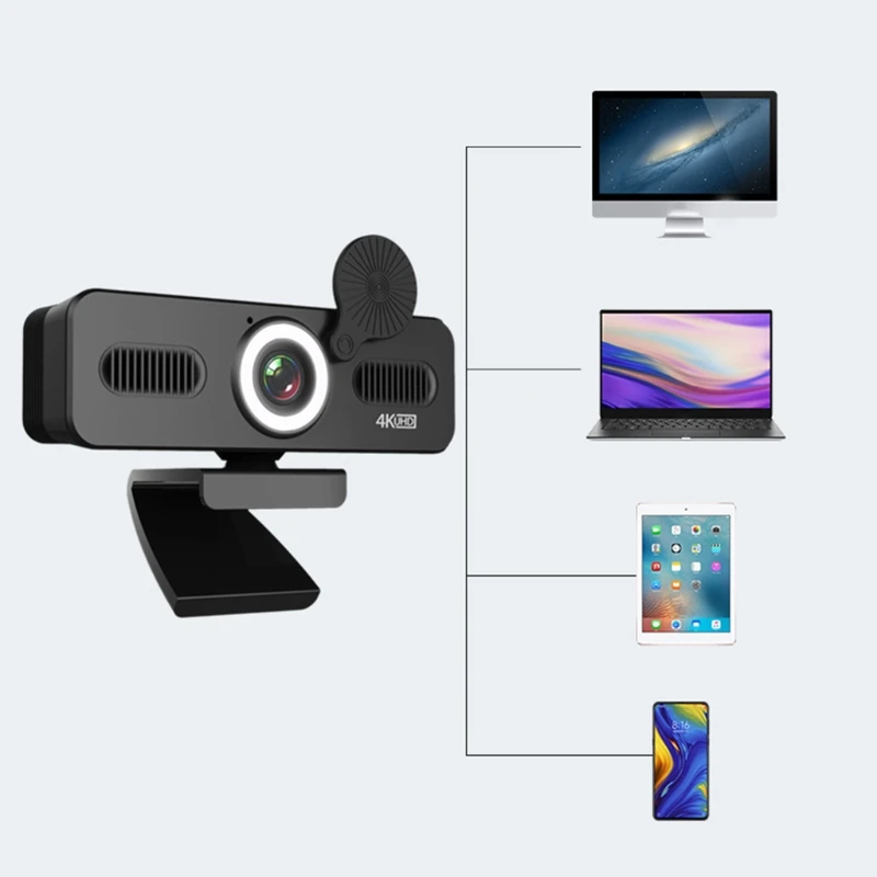 

1080P/2K/4K Beauty Fill Light Webcam with Mic Cover Speaker 120 Wide-Angle USB PlugPlay for Live Streaming Recording