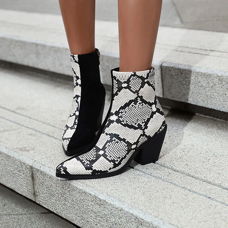 Женские ботильоны из змеиной кожи на высоком каблуке с острым носком|Женские