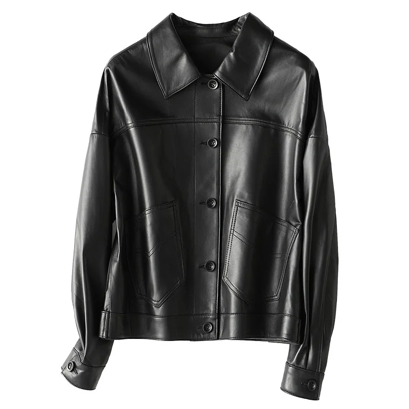 Popular Autumn New Fashion Genuine Leather Short Women's Sheepskin Coat Spring High Quality Single Breasted Jacket with Pocket