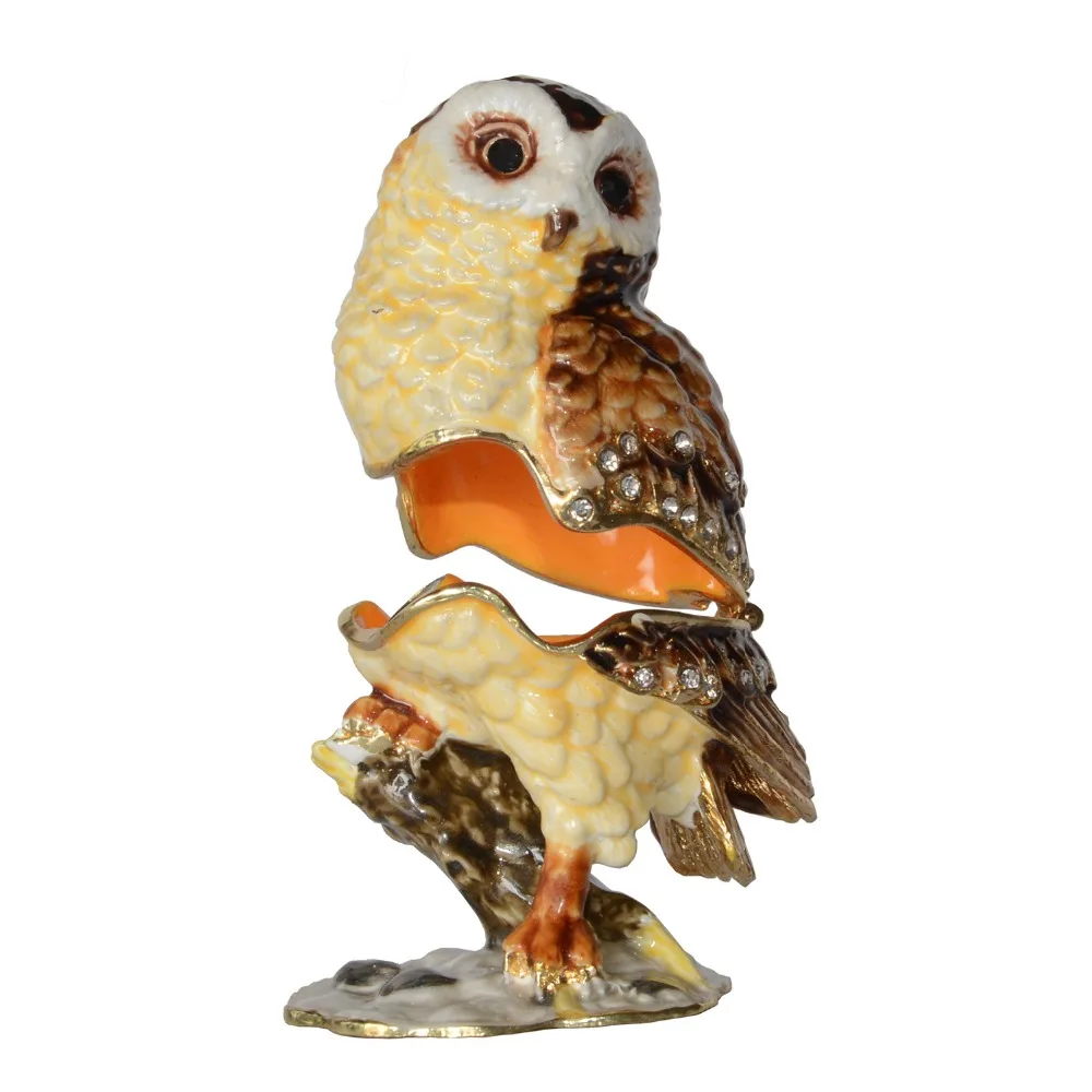 Сова на ветке украшенная драгоценными камнями металлическая шкатулка для