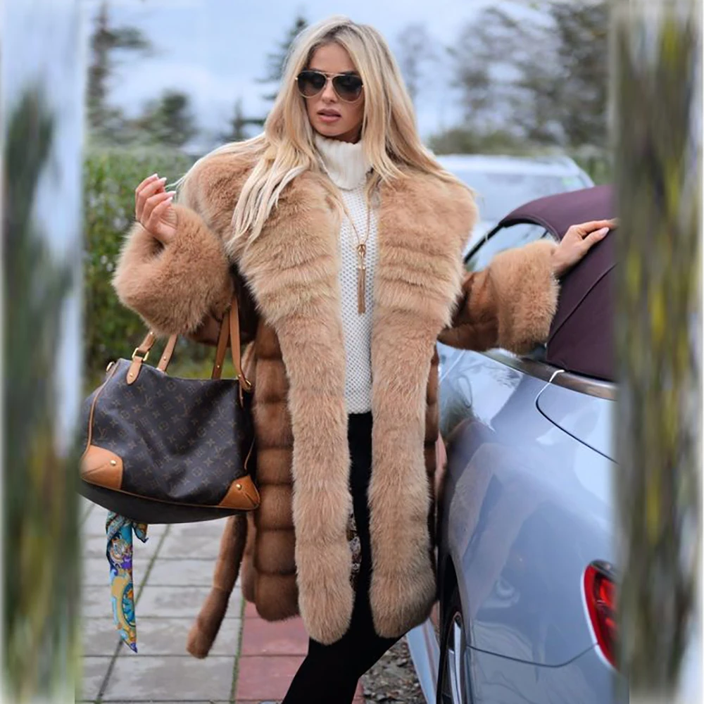Luxury Fashion Women Genuine Mink Fur Coat Long With Big Hood Natuarl Full Pelt Real Mink Fur Jacket With Fox Fur Collar Cuff