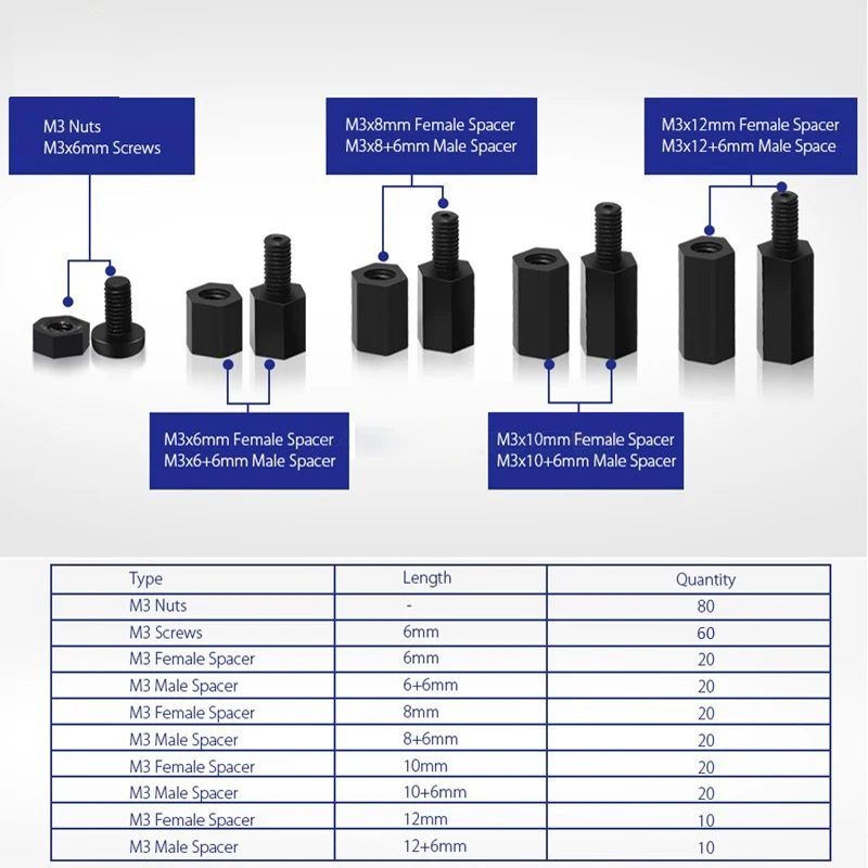 

300pcs M3NH1 M3 Nylon Screw White/Black Hex Nylon Standoff Spacer Column Flat Head Nylon Plastic Spacing Screws Nuts