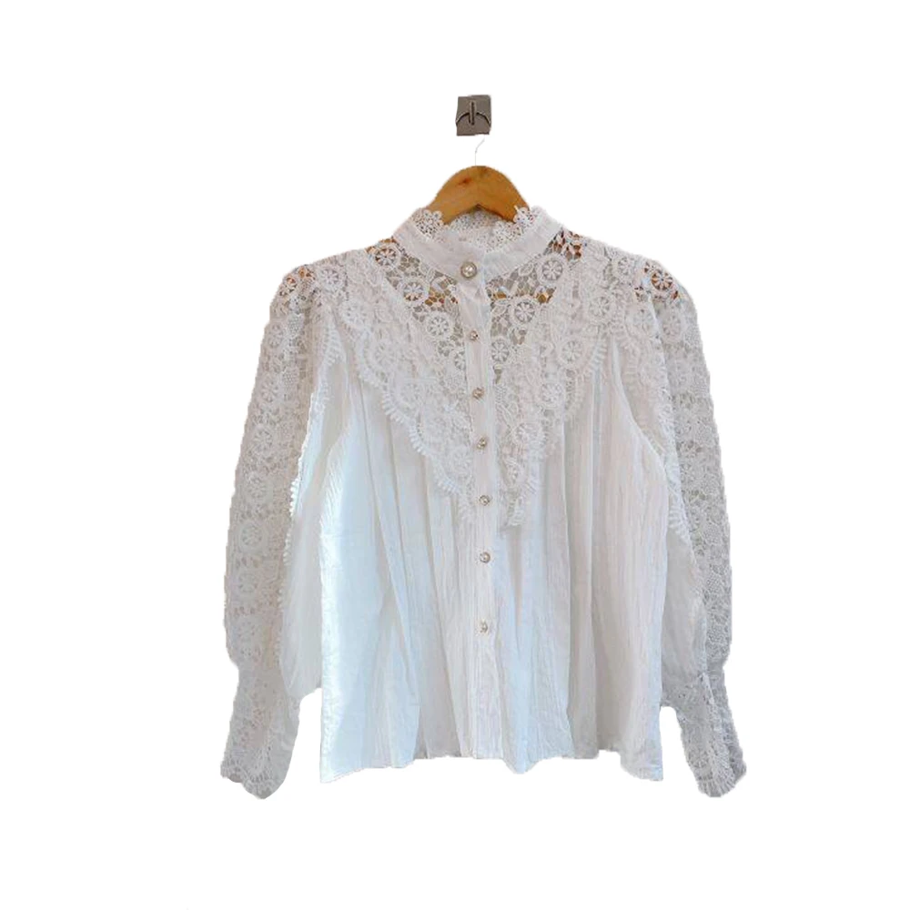 Женская кружевная блузка с длинным рукавом черная ажурная приталенная