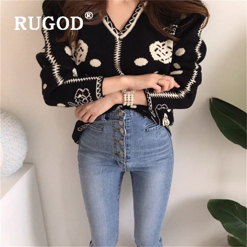 RUGOD 2019 Новая Осенняя черная свитер пуловер для женщин с v-образным вырезом узор в