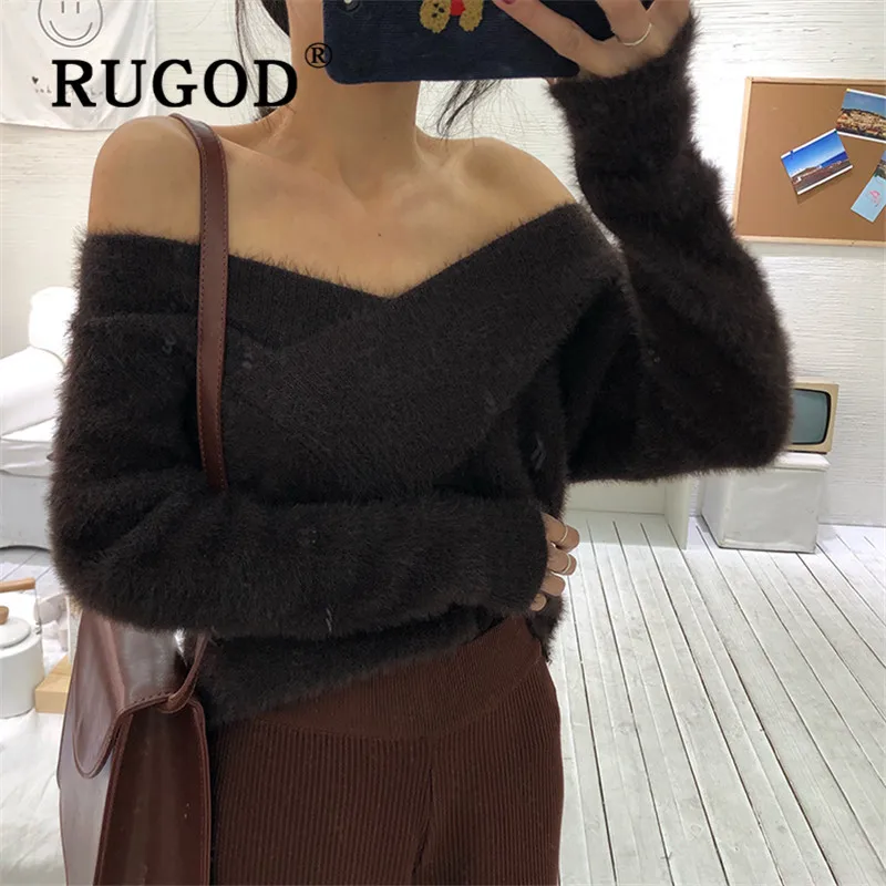 RUGOD Vintage One Shoulder Sexy Sweater Fuzzy Pullover Solid Jumper Winter Tops For Women Knitwear Stripe Plus Size Korean Style | Женская