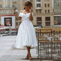 simple tea length wedding dress off the shoulder white ivory satin a line short bride gown beach back lacing wedding gown marry