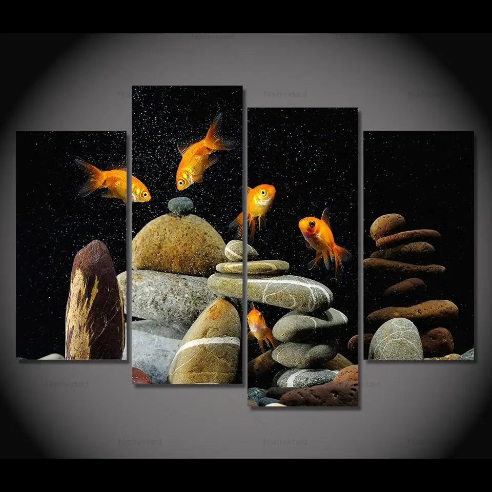 

Fish Aquarium Stones Hd Printing Wall Art Posters Home Decoration Pictures for Living Room 4 Pieces Frameless Canvas Painting