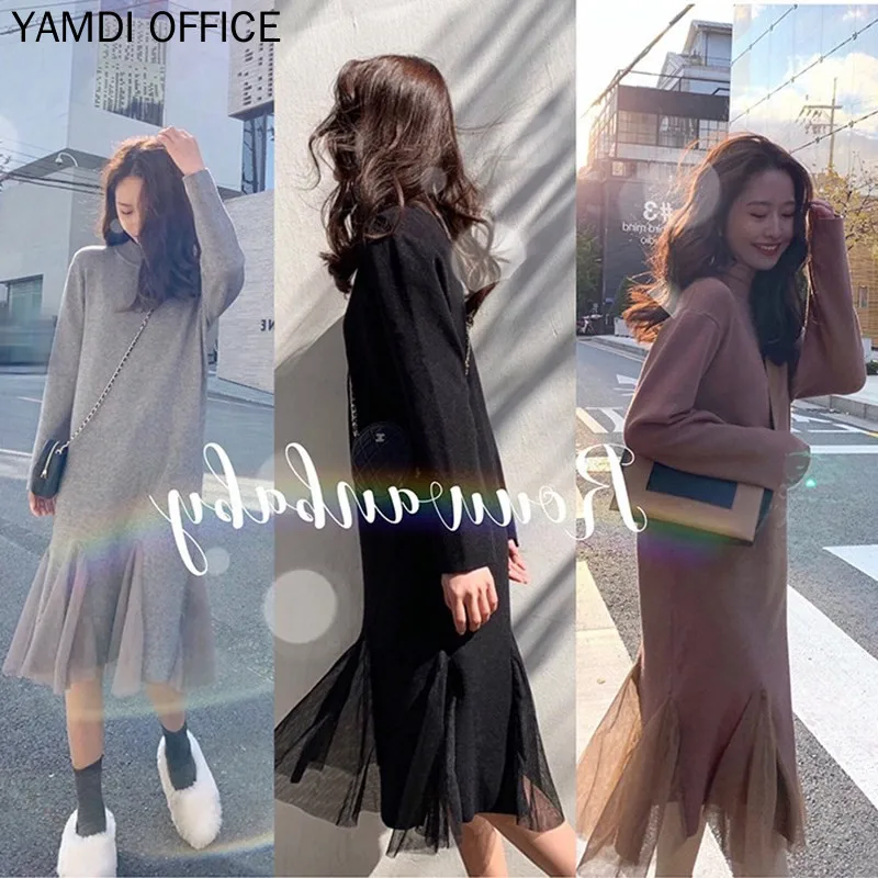 Осенне-зимние платья YAMDI 2019 женские корейские элегантные однотонные серые