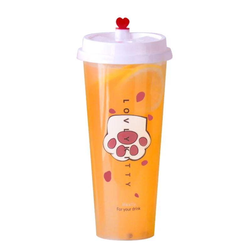 

50pcs High quality 9cm caliber cold hot drink milk tea cup 500ml 700ml transparent fruit juice plastic cup with red love lid