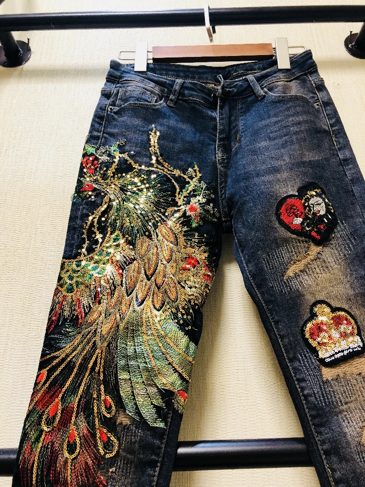 Новые осенние модные джинсовые брюки с вышивкой Феникса облегающие Женские