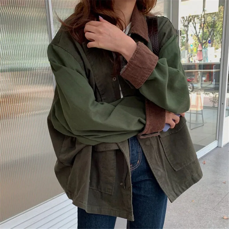 

Korean Thick Autumn Vintage Lapel Casual BF Safari Style Loose Full Lantern Sleeve Coats and Jackets Women ArmyGreen Streetwear
