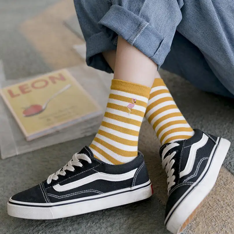Woman Flamingo Embroidered Ankle Socks Students Soild Cotton Socks Crew Sock Girls Embroidery Cotton Striped Ankle Socks 5 Pair