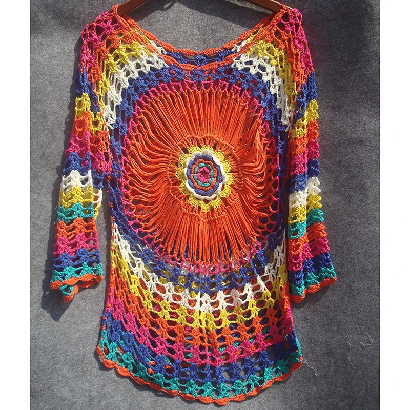 Женское вязаное пляжное платье ручной работы цветная туника для пляжа пикантное