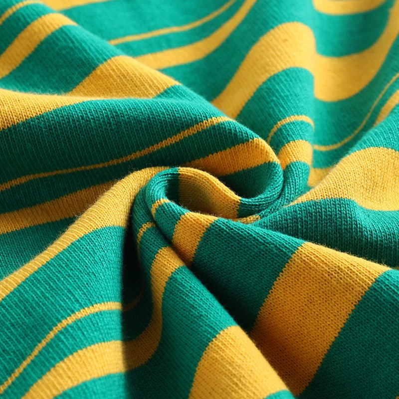 

Tonval Green and Yellow Striped Vintage T Shirt Knitted Cotton Tops Summer Clothes for Women Short Sleeve Slim T-Shirts