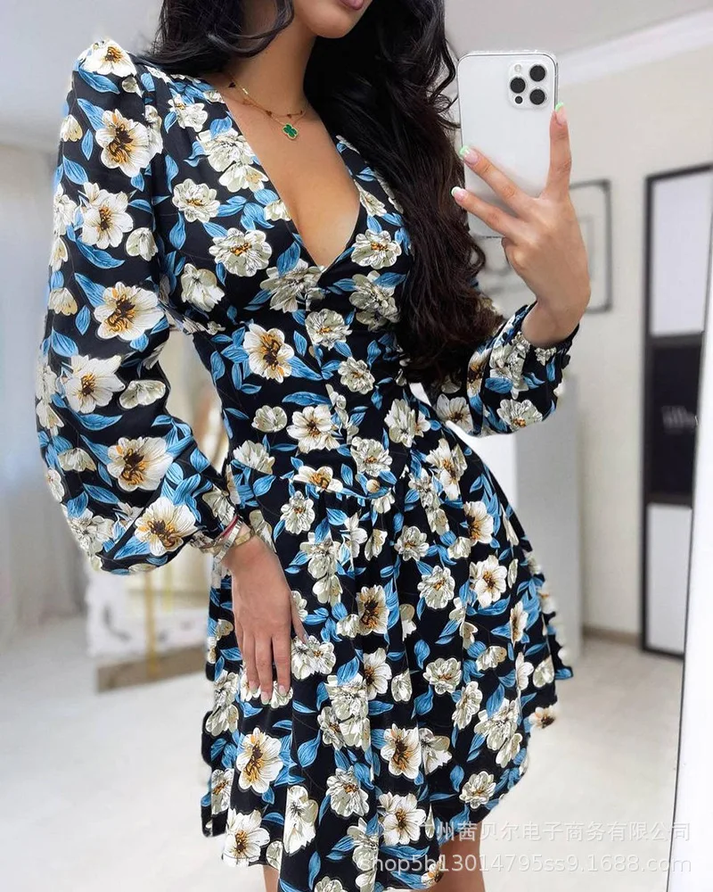 

2021 Fall New Women Flower Floral Printed Mini Dress Black V Neck High Waist Sexy Casual Fashion Dress
