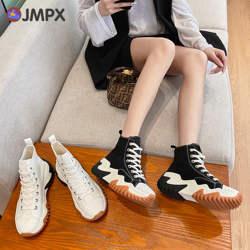 JMPX Women's High Platform Canvas Shoes Fashion Female Round Toe Lace Up Pumps Sneakers Spring Women High Top Vulcanized Shoes