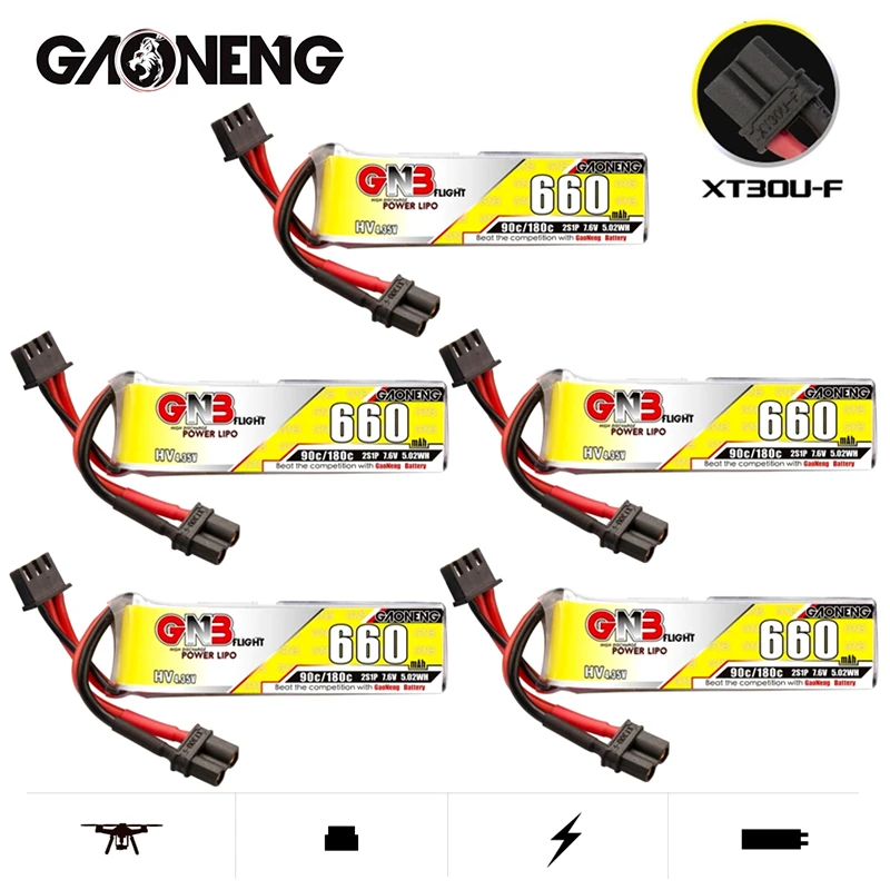 

5Pcs GNB 660mAh 2S 7.6V 90C/180C HV Lipo Rechargeable Battery XT30U-F Plug for Happymodel FPV Racing Cine Whoop BetaFPV RC Drone