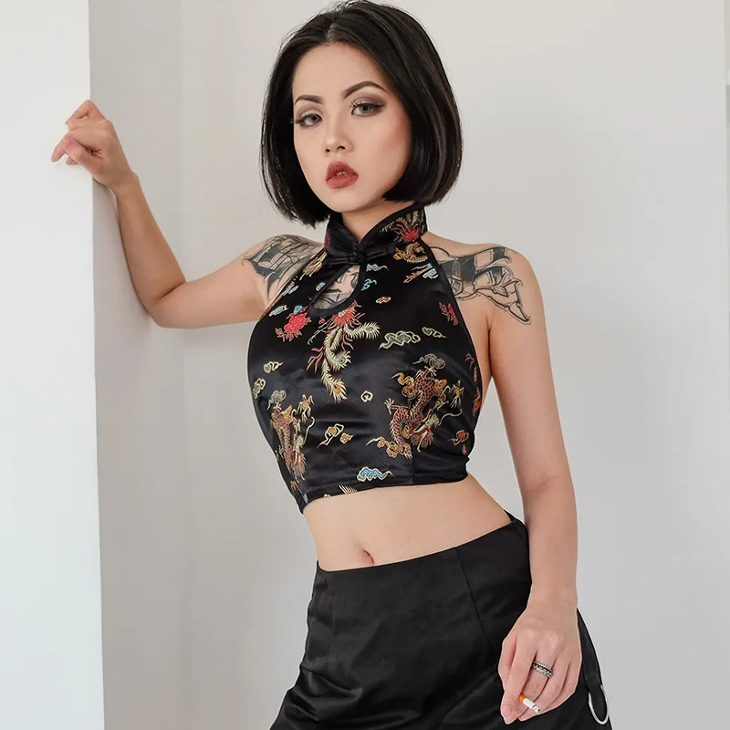 Китайский стиль Ципао пикантный женский чонсам Холтер с вышивкой жилет открытой
