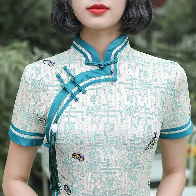 

Summer New Lace Lady Qipao Novelty Embroidery Butterfly Cheongsam Chinese Traditional Mandarin Collar Dress Big Size Vestidos
