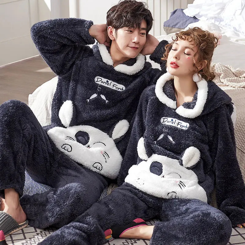 

2 Pcs Winter Men's Pajama Warm Cartoon Anime Cute Sleepwear Hooded Flannel Thicken Couple Pyjama Plus Size Female Home Clothes