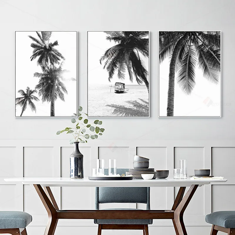 Постер с изображением тропического пальмы черно-белого пляжа Морского Пейзажа