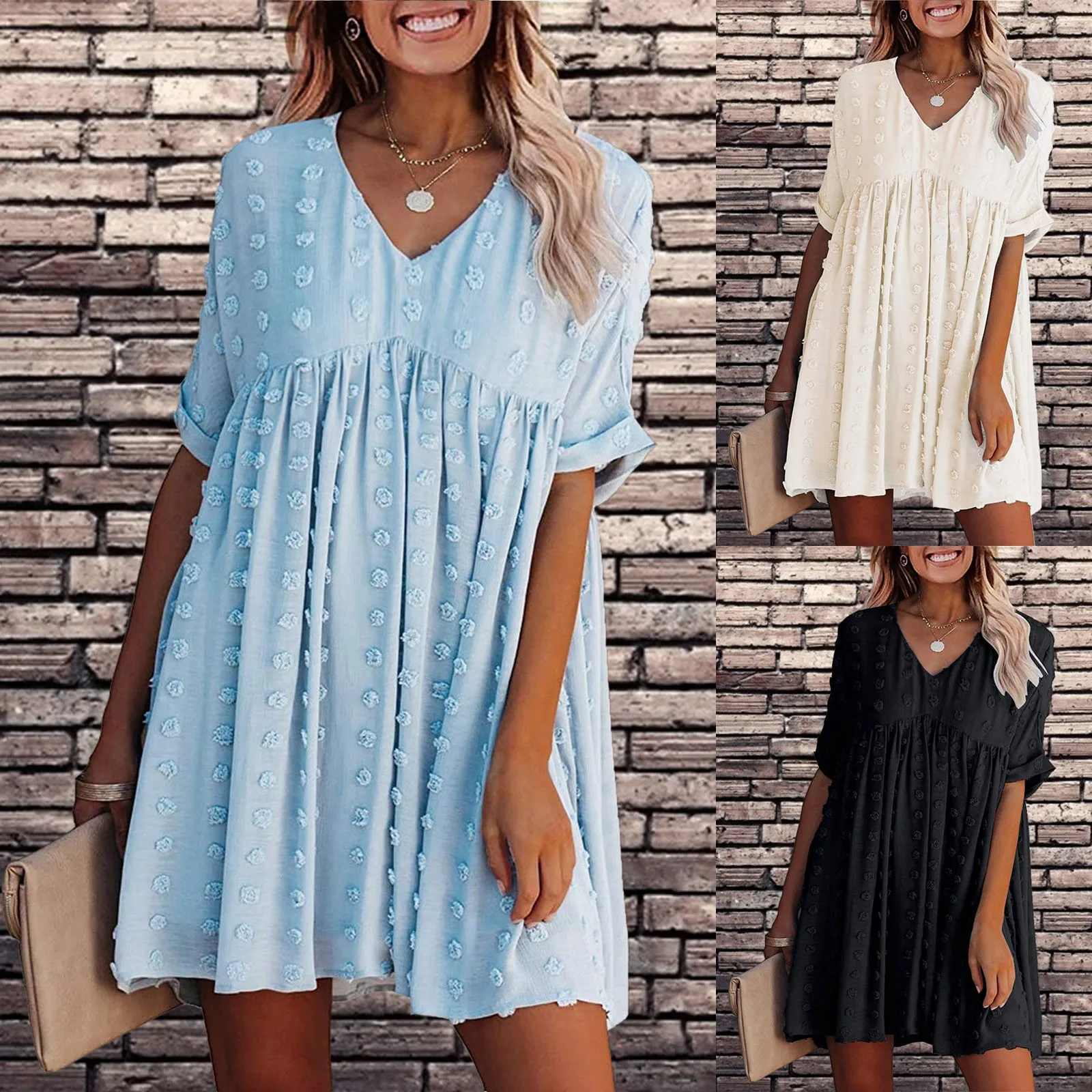 

Fashion Casual Loose Black Pleated Mini Dress Sexy Young V Neck High Waist Short Sleeve Sundress Summer Beach Holiday Dresses