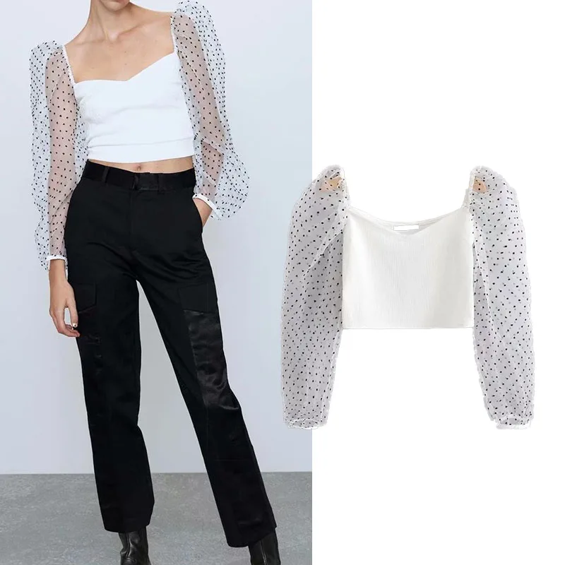 Женские сетчатые топы и блузки za белые с длинным рукавом принтом в горошек 2019 |