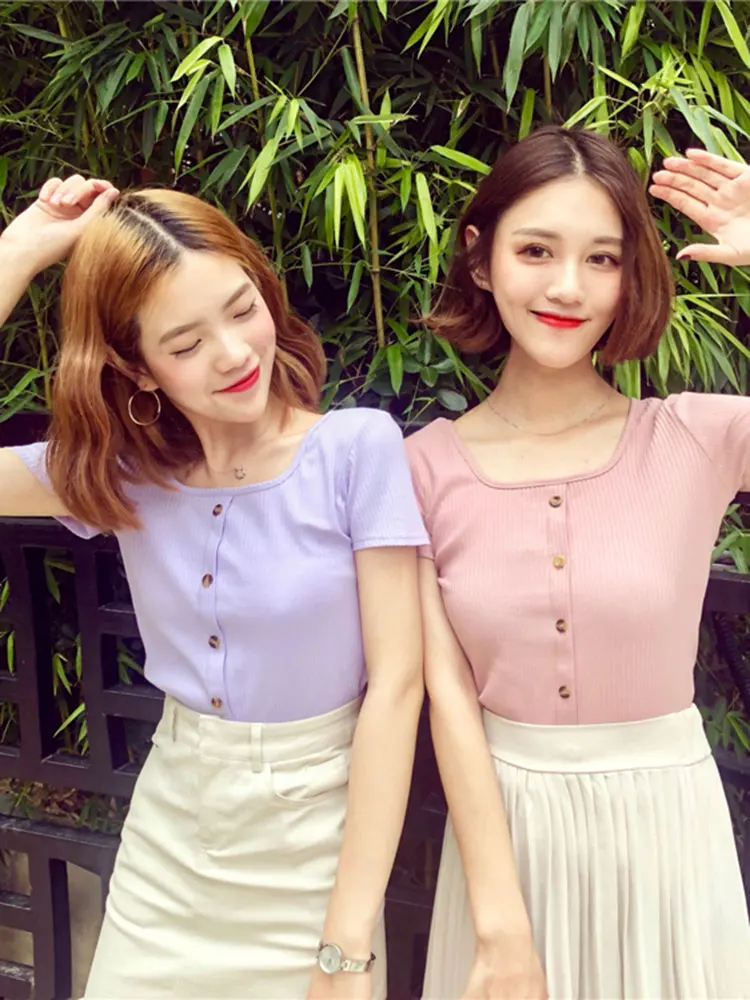 

Abrini Square Neck Knitted T-shirts Slim Elastic Women Cute Tees Solid Cotton Short Sleeve T-shirt 2021 Summer T-Shirt Womem