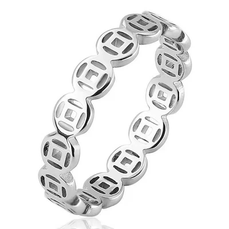 

WANGAIYAO New Creative Titanium Steel Hollow Bronze Coin Ring Women's Fashion Fortune and Treasure Coins Women's Day Gifts