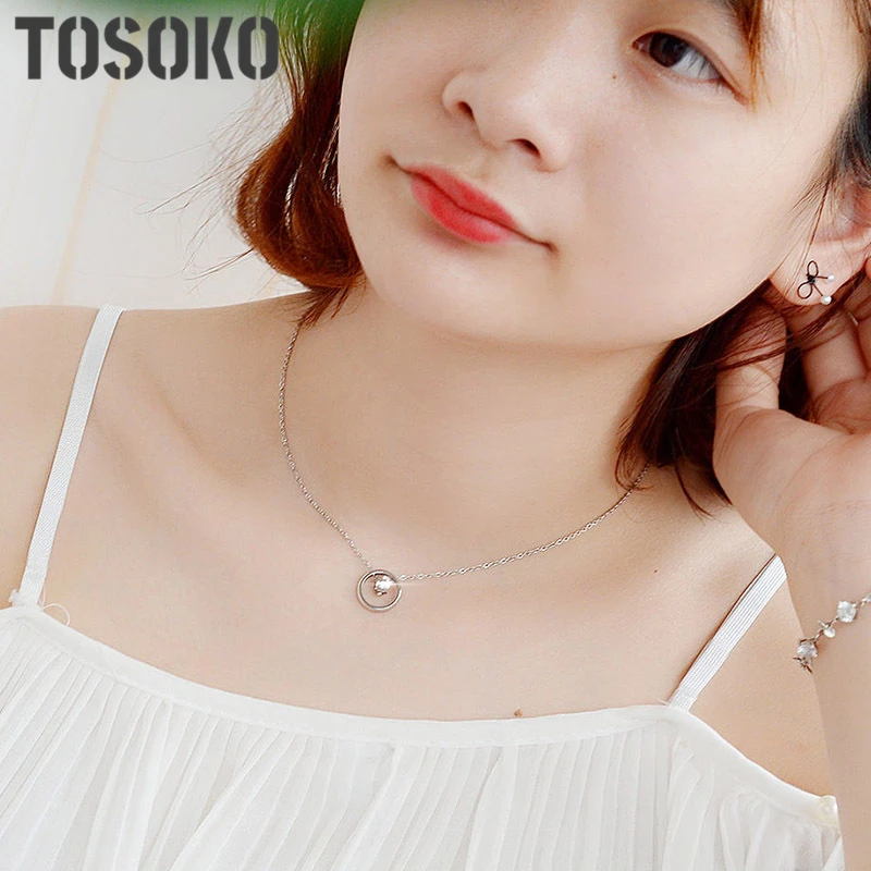 

TOSOKO Double Ring Circle Zircon Mini Clavicle Necklace For Women Titanium Steel Stainless Steel Necklace Jewelry BSP260